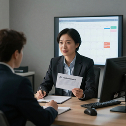 Loan officer at desk replying to messages, calendar with follow-up reminders, client inquiries on screen, editorial glow